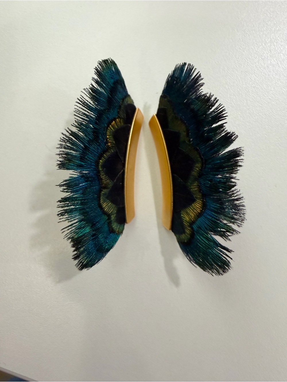 Brackish Peacock Feather Statement Earrings - Blue Green